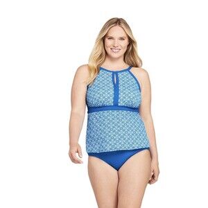 Lands End Keyhole Tankini Top Fresh Boreal Blue Tile Pattern Size 10D NWOT!!!
